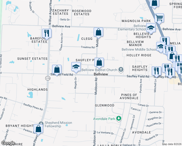 map of restaurants, bars, coffee shops, grocery stores, and more near 5004 Saufley Field Road in Pensacola