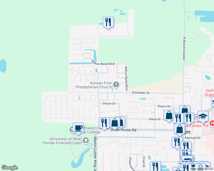 map of restaurants, bars, coffee shops, grocery stores, and more near 518 Landview Drive in Fort Walton Beach