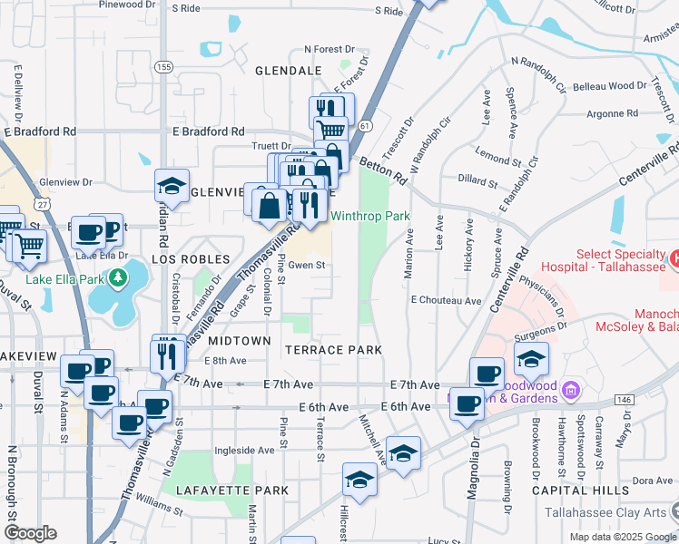 map of restaurants, bars, coffee shops, grocery stores, and more near 1534 Mitchell Avenue in Tallahassee
