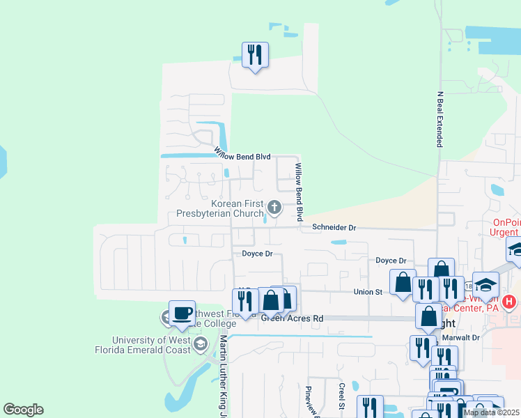 map of restaurants, bars, coffee shops, grocery stores, and more near 512 Landview Drive in Fort Walton Beach