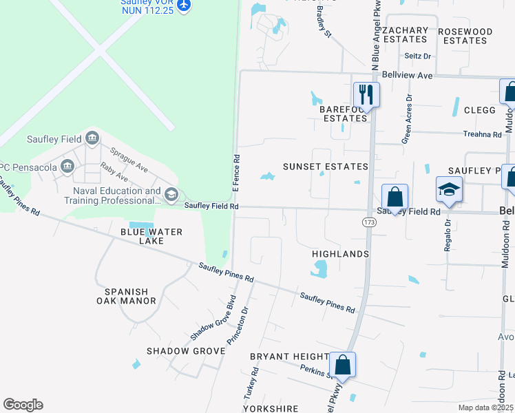map of restaurants, bars, coffee shops, grocery stores, and more near 6018 East Fence Road in Bellview