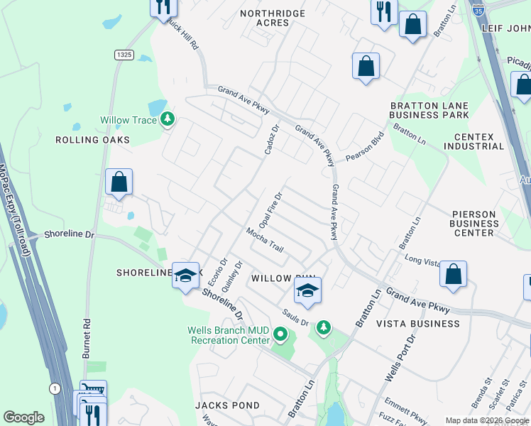 map of restaurants, bars, coffee shops, grocery stores, and more near 15636 Opal Fire Drive in Austin
