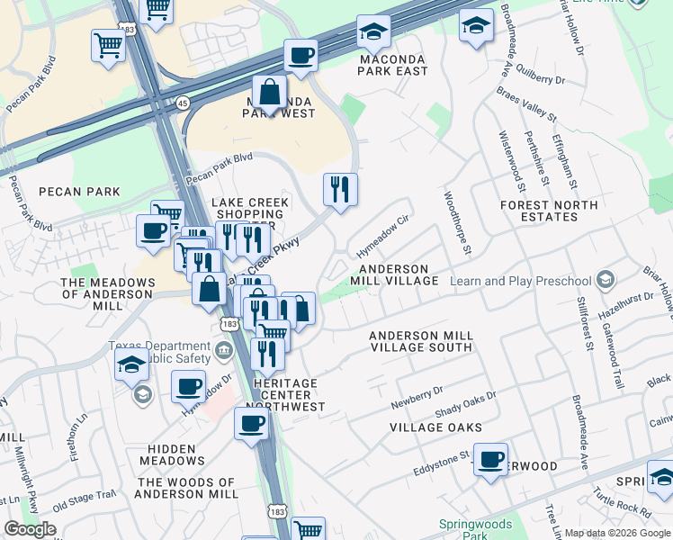 map of restaurants, bars, coffee shops, grocery stores, and more near 13001 Hymeadow Drive in Austin