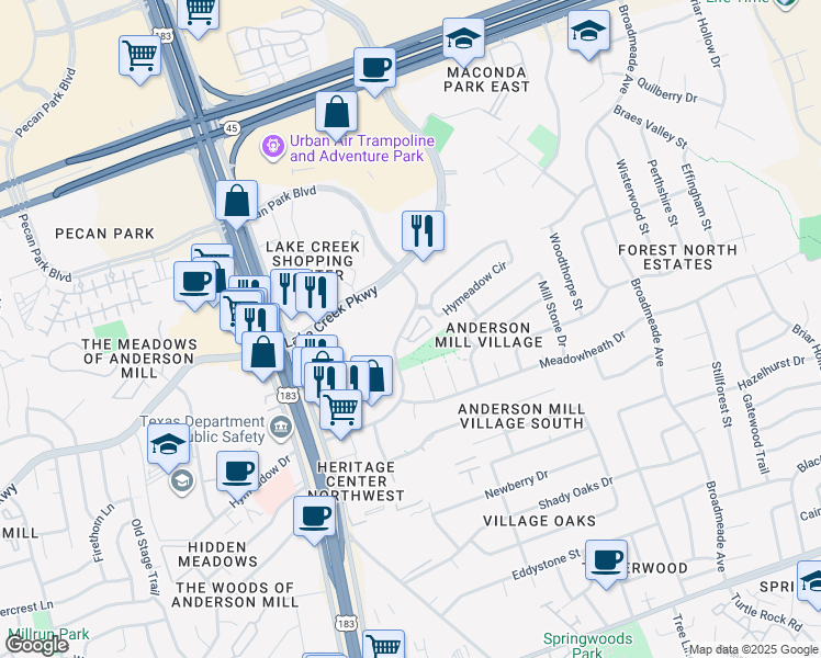 map of restaurants, bars, coffee shops, grocery stores, and more near 13000 Hymeadow Drive in Austin