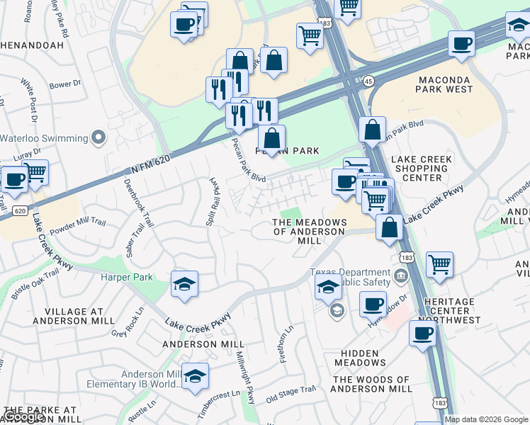 map of restaurants, bars, coffee shops, grocery stores, and more near 12504 Pranav Lane in Austin