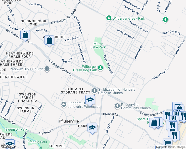 map of restaurants, bars, coffee shops, grocery stores, and more near 712 North Cascades Avenue in Pflugerville