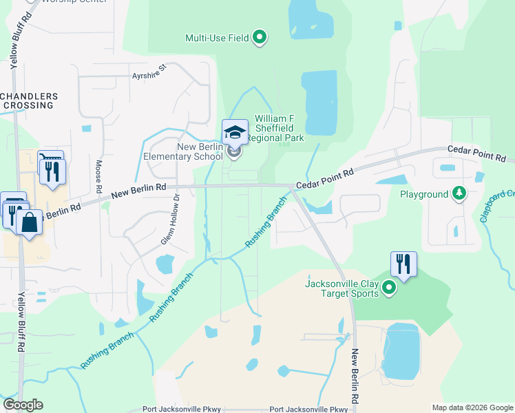 map of restaurants, bars, coffee shops, grocery stores, and more near 12258 Black Walnut Court in Jacksonville