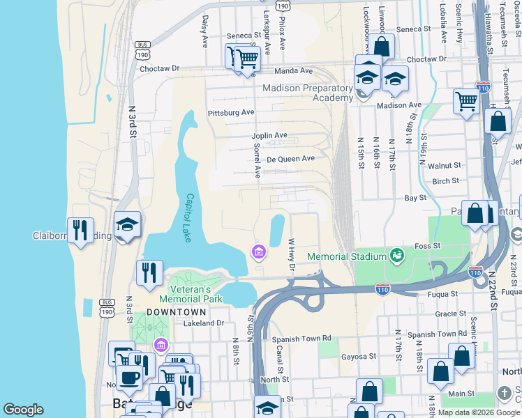 map of restaurants, bars, coffee shops, grocery stores, and more near 1011 Leesville Avenue in Baton Rouge