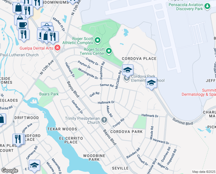 map of restaurants, bars, coffee shops, grocery stores, and more near 2165 Semur Road in Pensacola