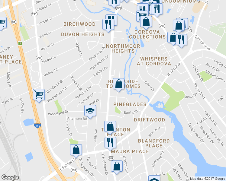 map of restaurants, bars, coffee shops, grocery stores, and more near 4300 North 9th Avenue in Pensacola