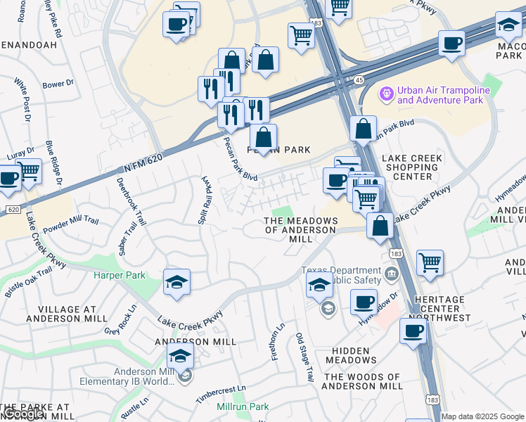 map of restaurants, bars, coffee shops, grocery stores, and more near 12504 Pranav Lane in Austin