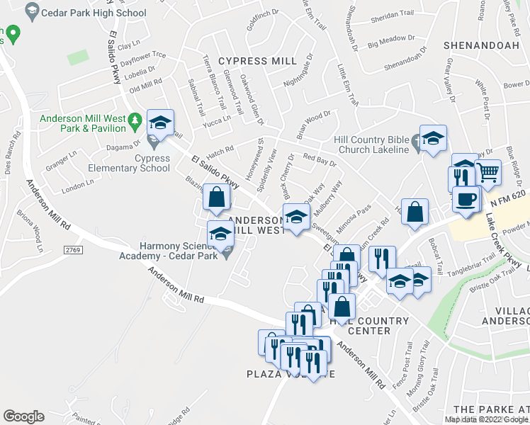 map of restaurants, bars, coffee shops, grocery stores, and more near 3201 El Salido Parkway in Cedar Park