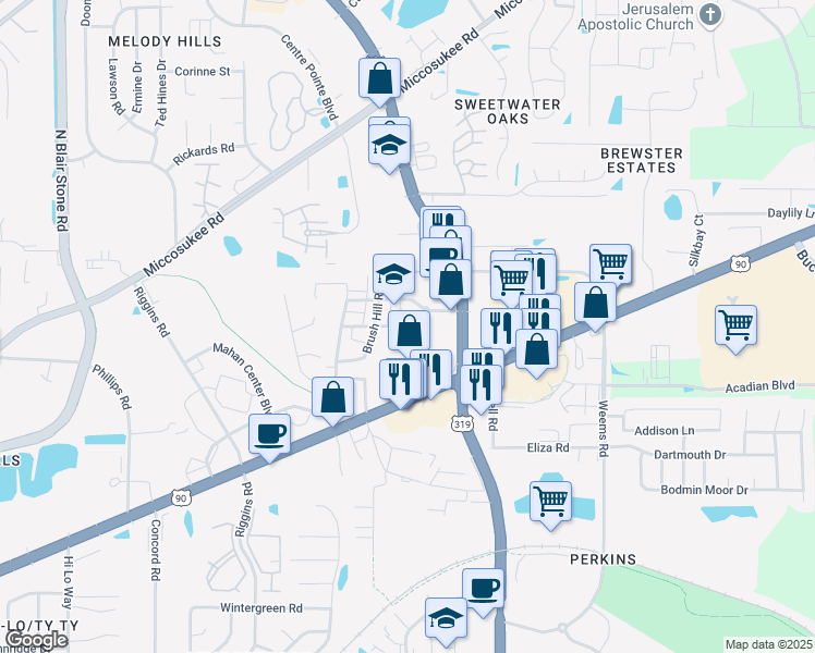 map of restaurants, bars, coffee shops, grocery stores, and more near 3611 Austin Davis Avenue in Tallahassee