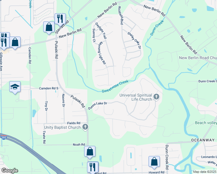 map of restaurants, bars, coffee shops, grocery stores, and more near 1194 Dawn Creek Court in Jacksonville
