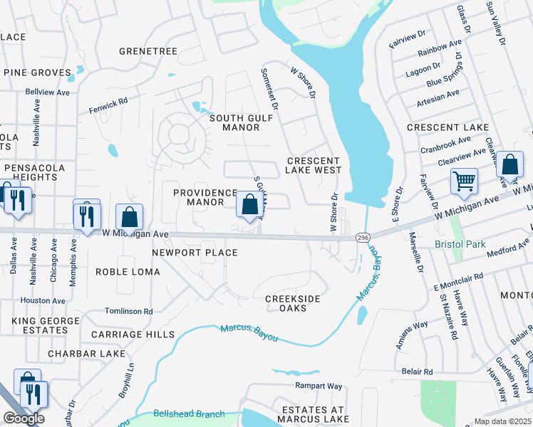 map of restaurants, bars, coffee shops, grocery stores, and more near 2301 Silversides Loop in Pensacola
