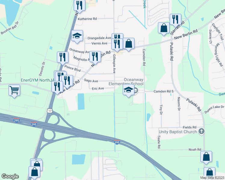 map of restaurants, bars, coffee shops, grocery stores, and more near 458 Eric Avenue in Jacksonville