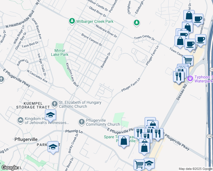 map of restaurants, bars, coffee shops, grocery stores, and more near 17900 Pfluger Farm Lane in Pflugerville