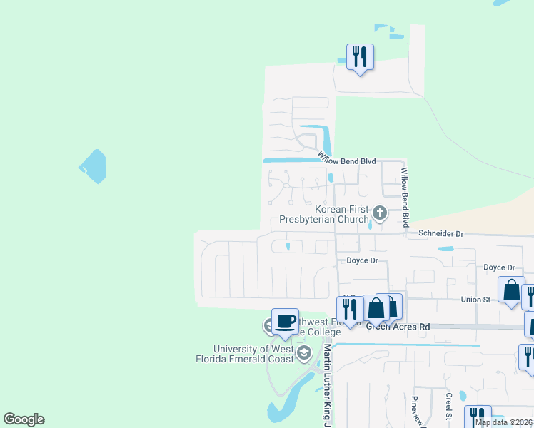 map of restaurants, bars, coffee shops, grocery stores, and more near 2019 Woodfern Path in Fort Walton Beach