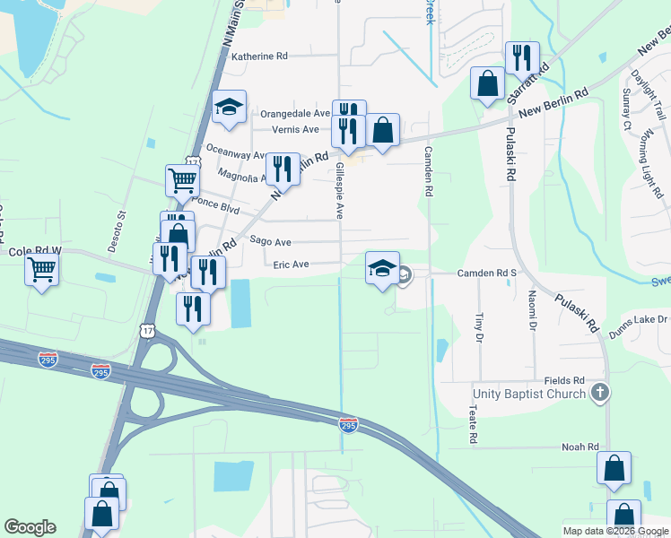 map of restaurants, bars, coffee shops, grocery stores, and more near 458 Eric Avenue in Jacksonville