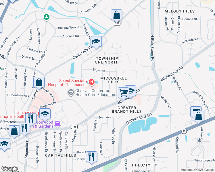map of restaurants, bars, coffee shops, grocery stores, and more near 1514 Bowman Drive in Tallahassee