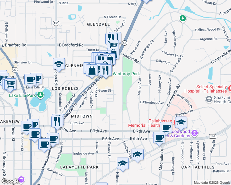 map of restaurants, bars, coffee shops, grocery stores, and more near 1534 Mitchell Avenue in Tallahassee
