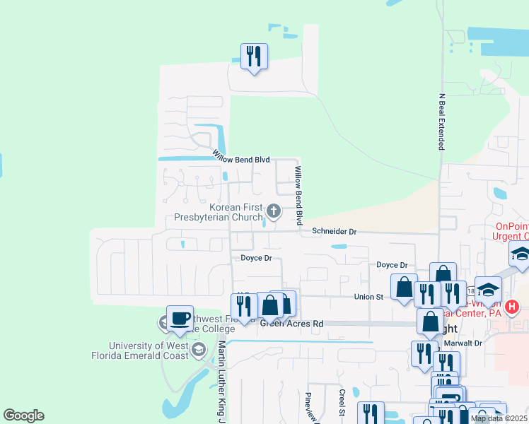 map of restaurants, bars, coffee shops, grocery stores, and more near 512 Landview Drive in Fort Walton Beach