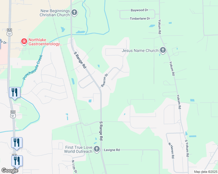 map of restaurants, bars, coffee shops, grocery stores, and more near 42299 Pimlott Street in Ponchatoula
