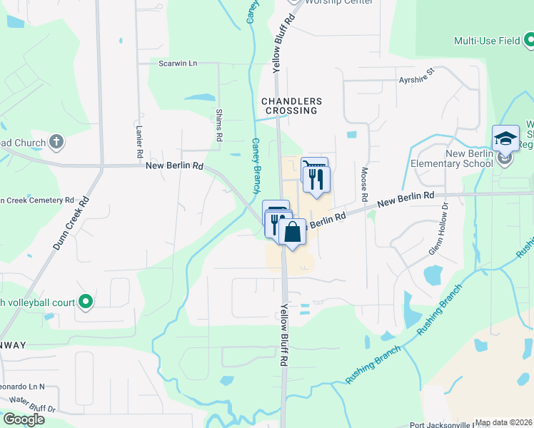 map of restaurants, bars, coffee shops, grocery stores, and more near 3029 New Berlin Road in Jacksonville