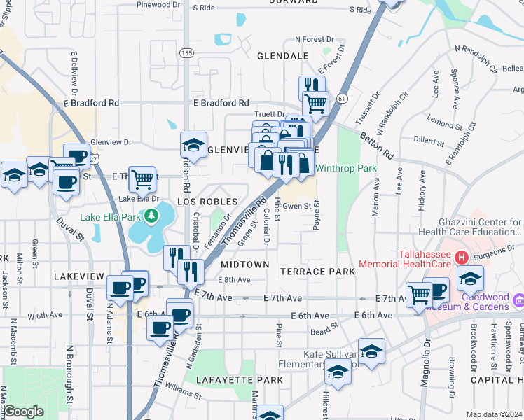 map of restaurants, bars, coffee shops, grocery stores, and more near 1536 Colonial Drive in Tallahassee
