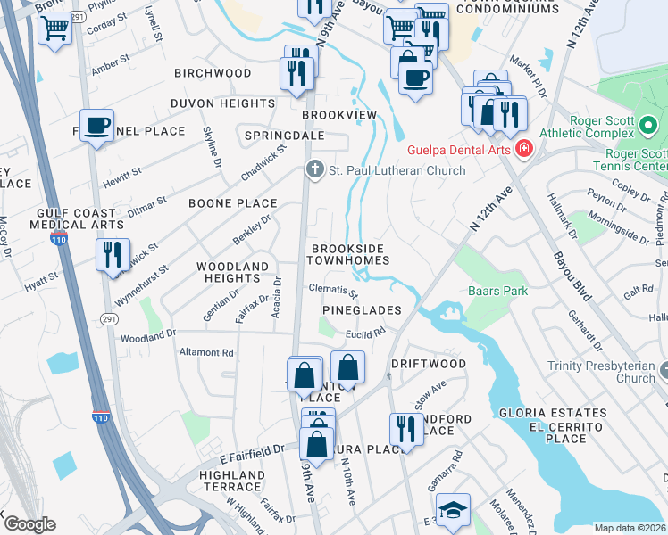 map of restaurants, bars, coffee shops, grocery stores, and more near 4219 Brookside Drive in Pensacola