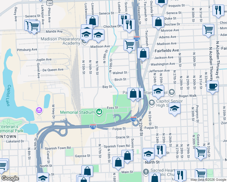 map of restaurants, bars, coffee shops, grocery stores, and more near 1845 Ellerslie Drive in Baton Rouge