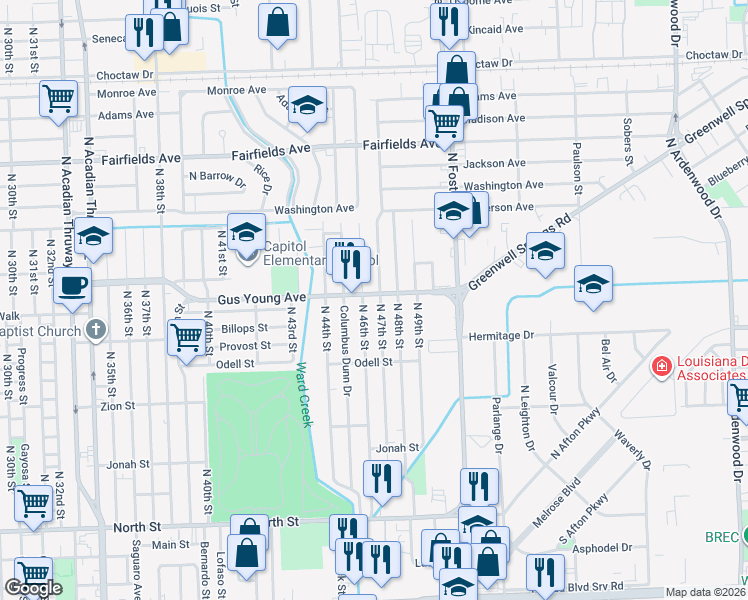 map of restaurants, bars, coffee shops, grocery stores, and more near 4662 Gus Young Avenue in Baton Rouge