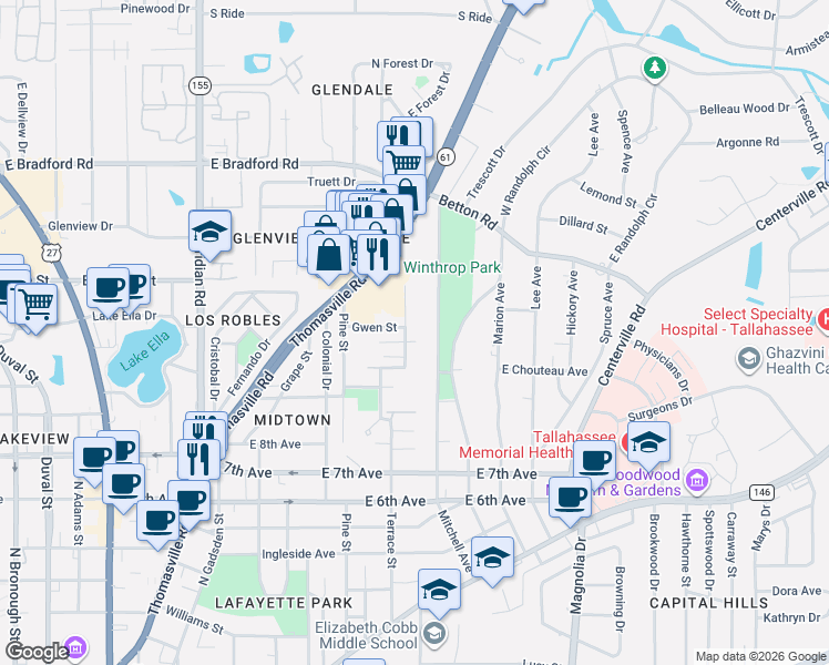 map of restaurants, bars, coffee shops, grocery stores, and more near 1534 Mitchell Avenue in Tallahassee