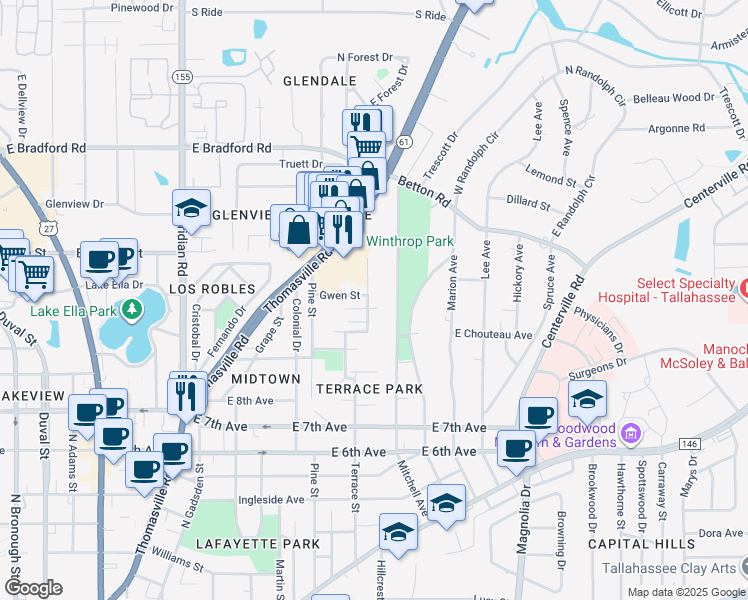map of restaurants, bars, coffee shops, grocery stores, and more near 1534 Mitchell Avenue in Tallahassee