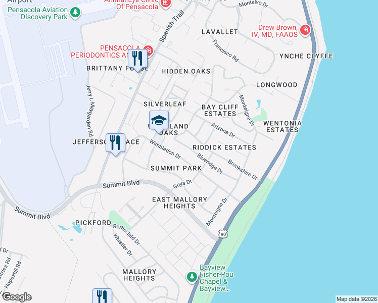 map of restaurants, bars, coffee shops, grocery stores, and more near 3460 Blueridge Drive in Pensacola