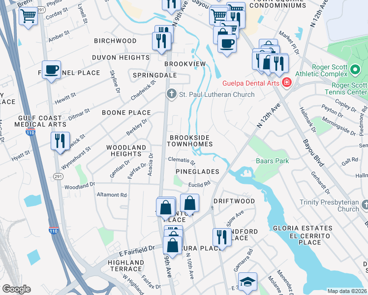 map of restaurants, bars, coffee shops, grocery stores, and more near 4219 Brookside Drive in Pensacola