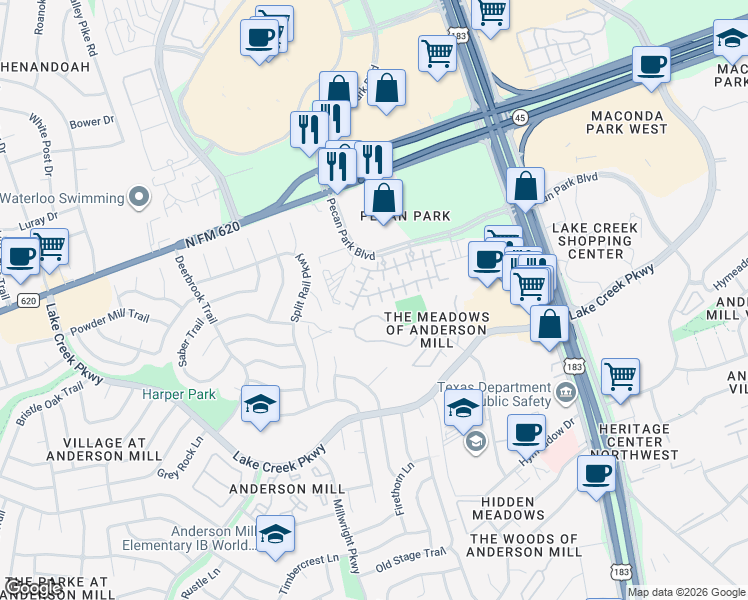 map of restaurants, bars, coffee shops, grocery stores, and more near 12504 Pranav Lane in Austin