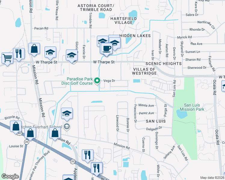 map of restaurants, bars, coffee shops, grocery stores, and more near 1413 Abbeywood Lane in Tallahassee