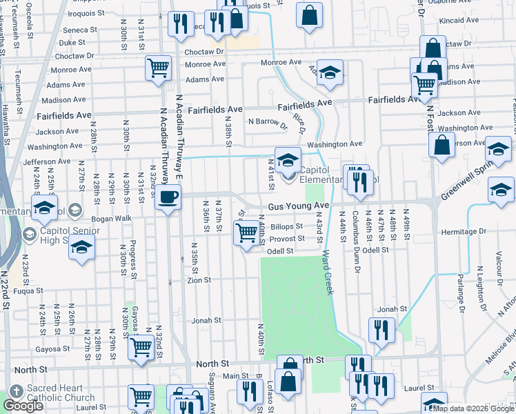 map of restaurants, bars, coffee shops, grocery stores, and more near Gus Young Avenue in Baton Rouge