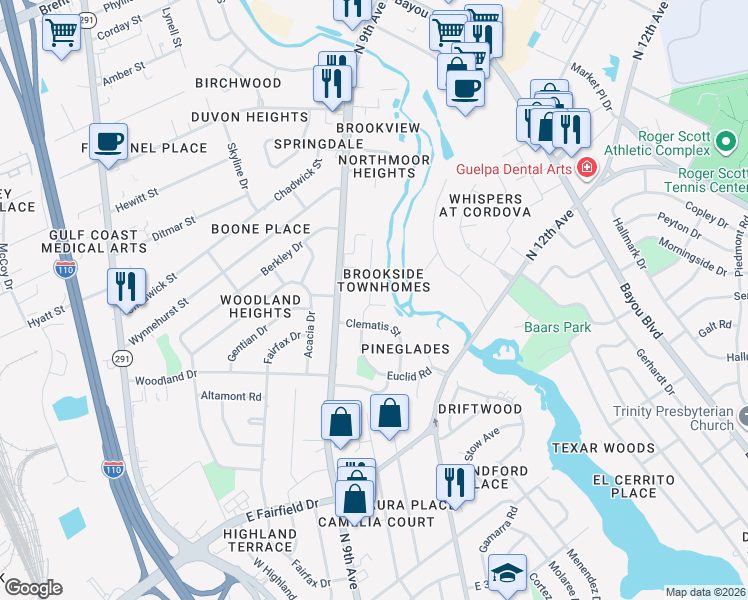 map of restaurants, bars, coffee shops, grocery stores, and more near 912 Brookside Place in Pensacola