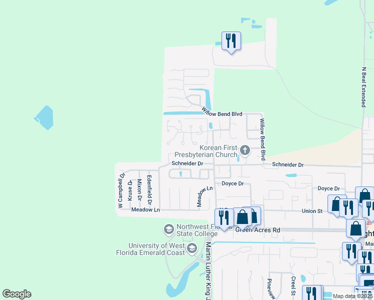 map of restaurants, bars, coffee shops, grocery stores, and more near 422 Joellen Lane in Fort Walton Beach