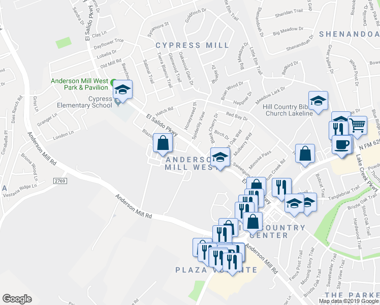 map of restaurants, bars, coffee shops, grocery stores, and more near 1904 Ebony Lane in Cedar Park