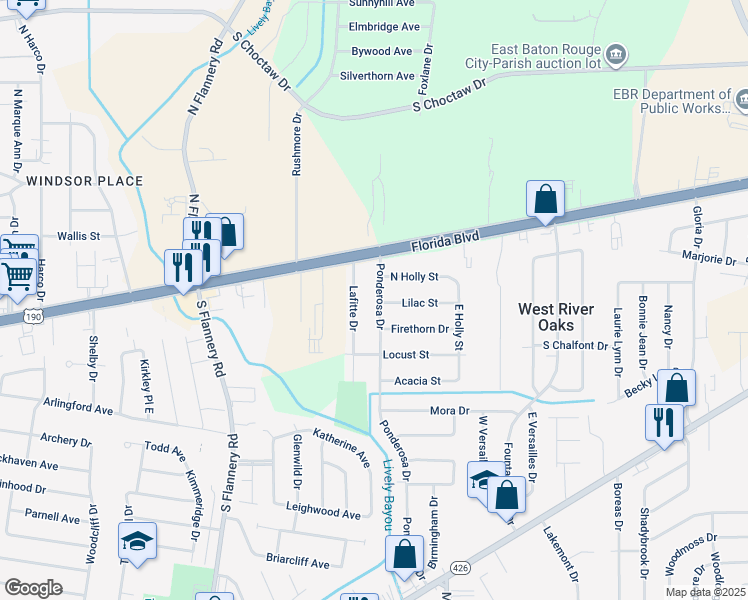 map of restaurants, bars, coffee shops, grocery stores, and more near 184 Ponderosa Drive in Baton Rouge