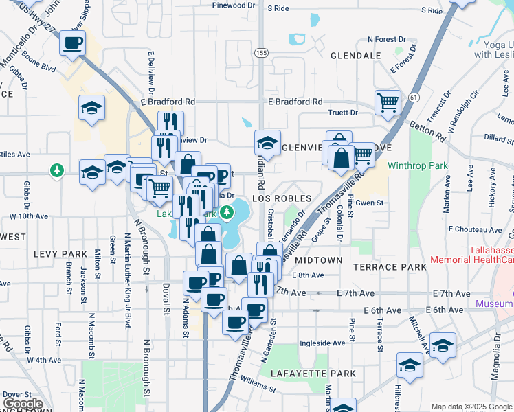 map of restaurants, bars, coffee shops, grocery stores, and more near 1649 Lake Ella Drive in Tallahassee