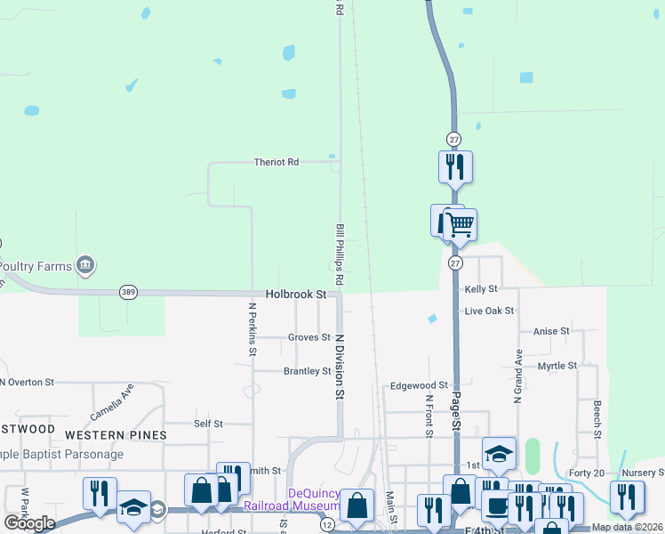 map of restaurants, bars, coffee shops, grocery stores, and more near 1015 Bill Phillips Road in DeQuincy