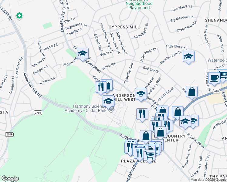 map of restaurants, bars, coffee shops, grocery stores, and more near 3211 Blazing Star Trail in Cedar Park