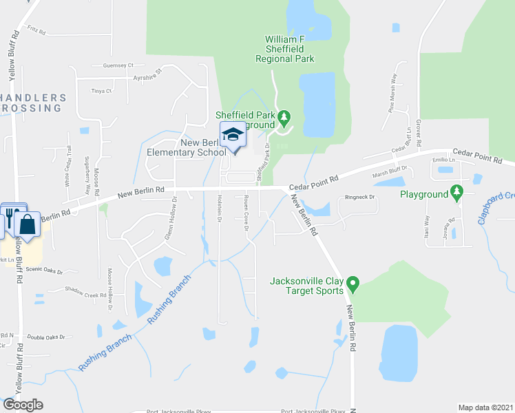 map of restaurants, bars, coffee shops, grocery stores, and more near 12262 Black Walnut Court in Jacksonville