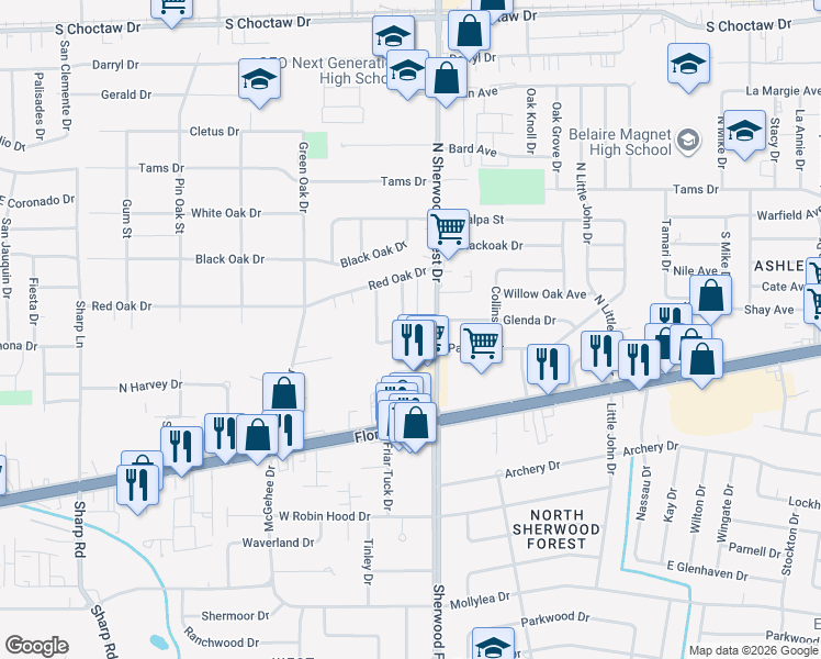 map of restaurants, bars, coffee shops, grocery stores, and more near 1460 Gwen Drive in Baton Rouge
