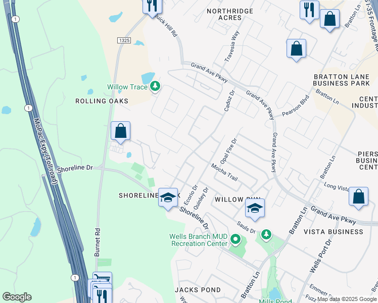 map of restaurants, bars, coffee shops, grocery stores, and more near 15530 Cadoz Drive in Austin