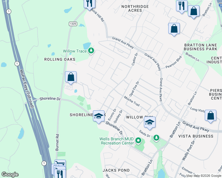 map of restaurants, bars, coffee shops, grocery stores, and more near 15530 Cadoz Drive in Austin